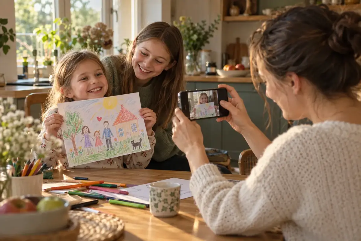 Mama telefonu nufotografuoja vaiko piešinį močiutei